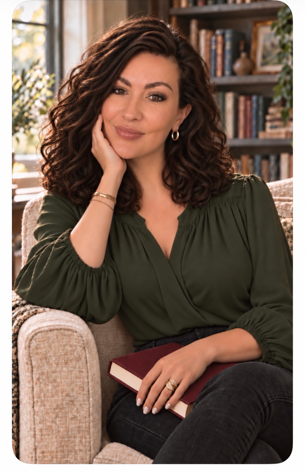 Author Heather Olivier seated with a burgundy book in a warm study